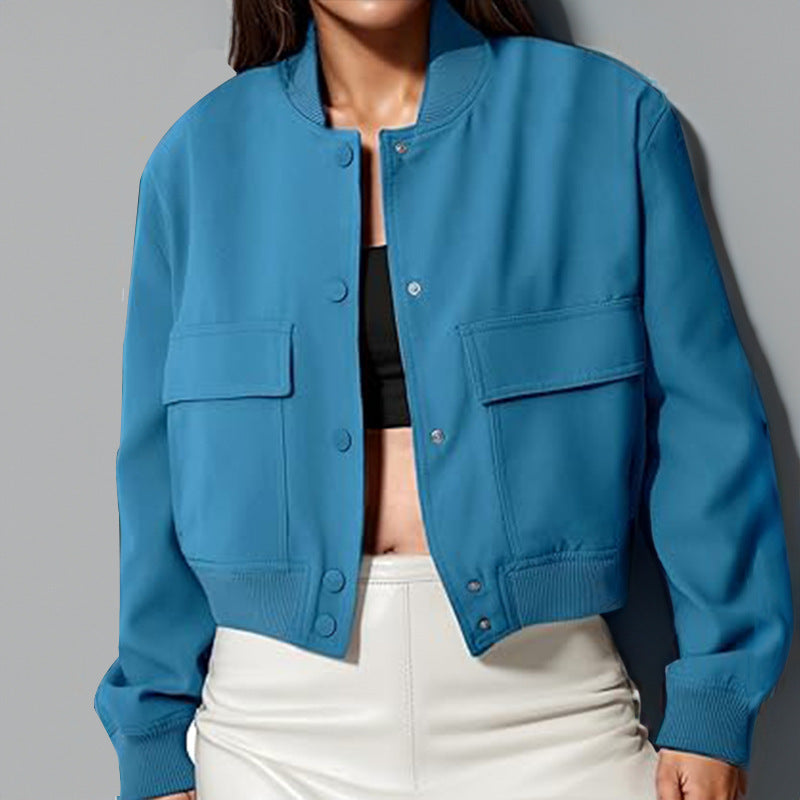 Veste de mode à col montant avec grandes poches décontractée ample courte vêtement d'extérieur haut manteau pour femmes