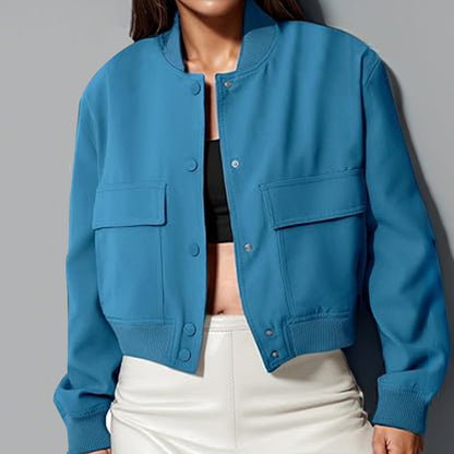 Veste de mode à col montant avec grandes poches décontractée ample courte vêtement d'extérieur haut manteau pour femmes