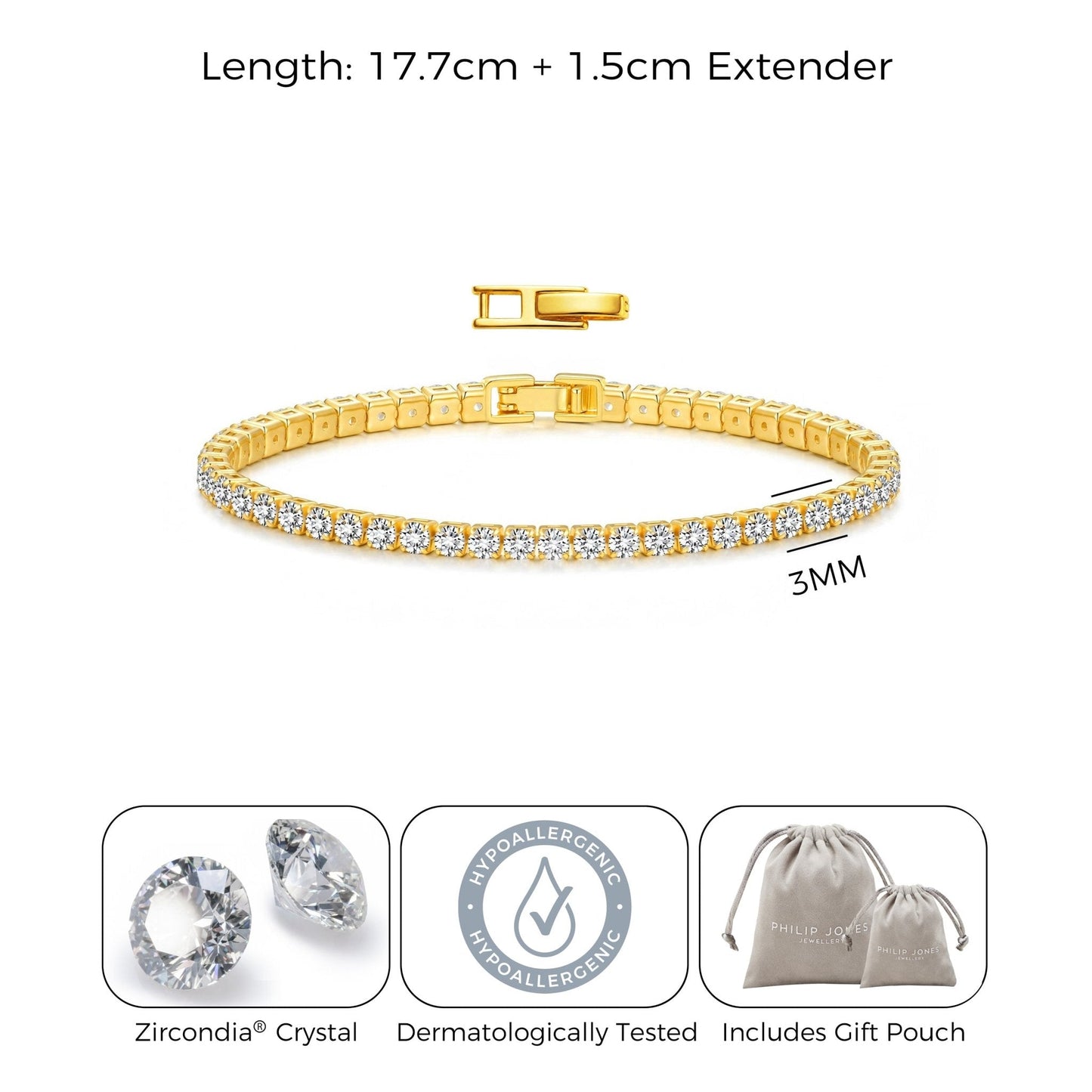 18k Gold Plated 3mm Tennis Bracelet Created with Zircondia® Crystals