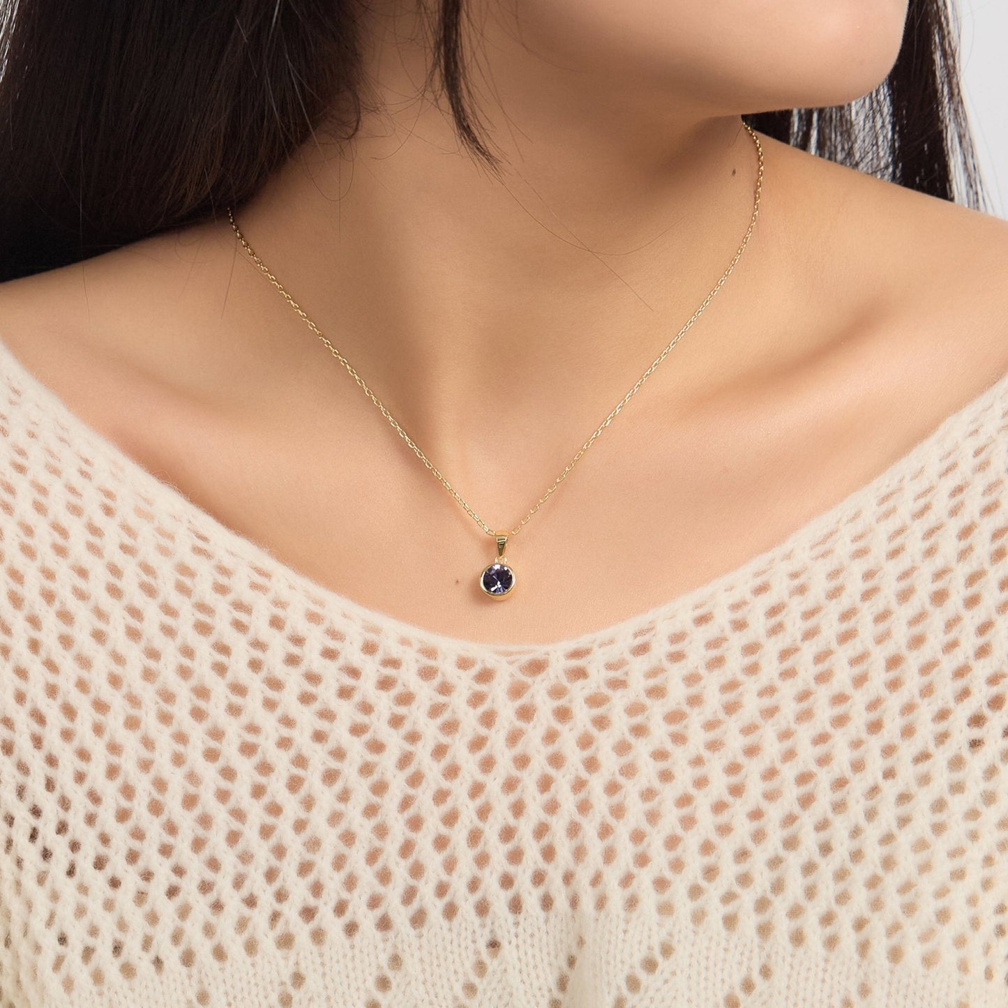 18k Gold Plated February (Amethyst) Birthstone Necklace Created with Zircondia® Crystals