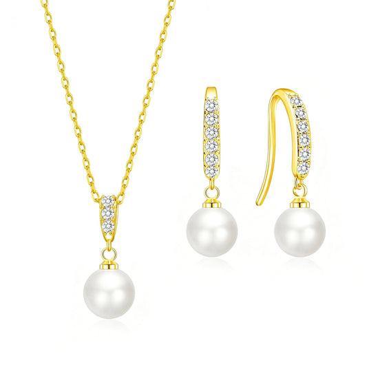 18k Gold Plated Pearl Drop Set Created with Zircondia® Crystals