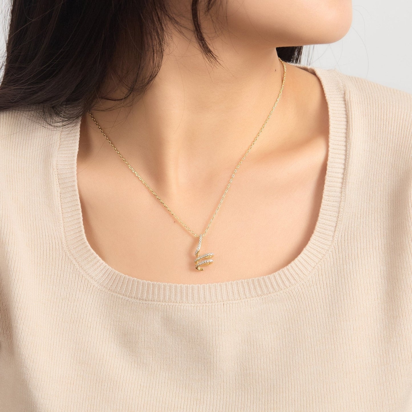 18k Gold Plated Spiral Twist Necklace Created with Zircondia® Crystals