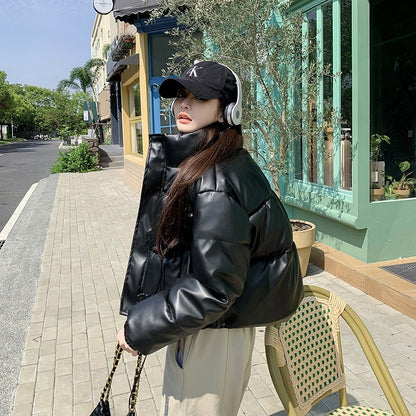Women Winter PU Leather Short Stand Collar Puffer