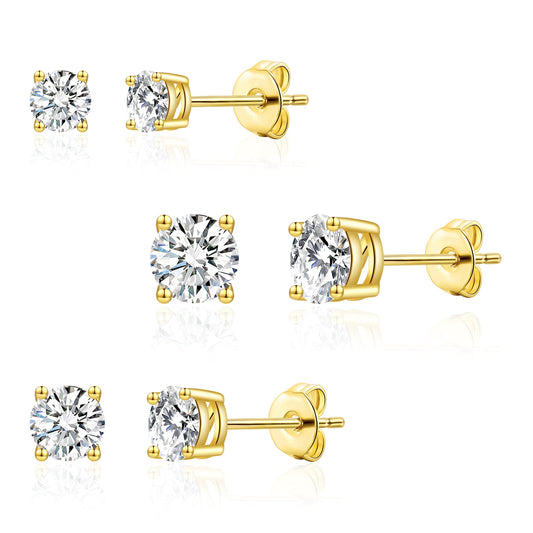 Three Pack of Gold Plated 4mm, 5mm & 6mm Earrings Created with Zircondia® Crystals