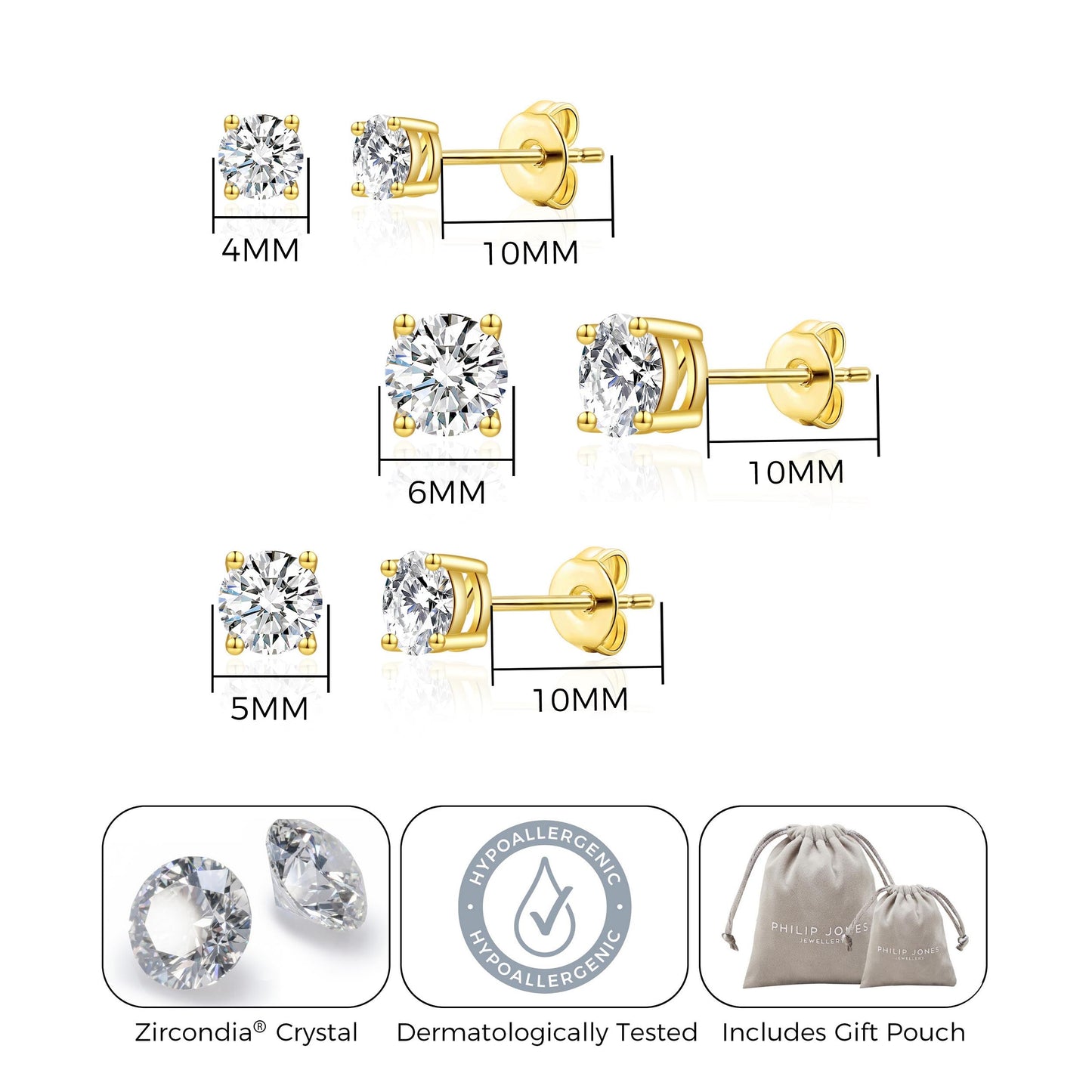 Three Pack of Gold Plated 4mm, 5mm & 6mm Earrings Created with Zircondia® Crystals