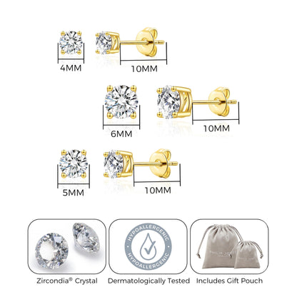 Three Pack of Gold Plated 4mm, 5mm & 6mm Earrings Created with Zircondia® Crystals