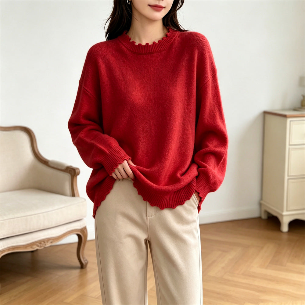 Solid color lace long sleeved pullover sweater