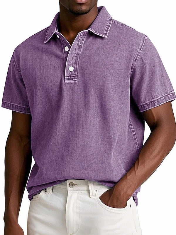 Men's Solid Colour Vintage Lapel Polo Shirt - Short Sleeve