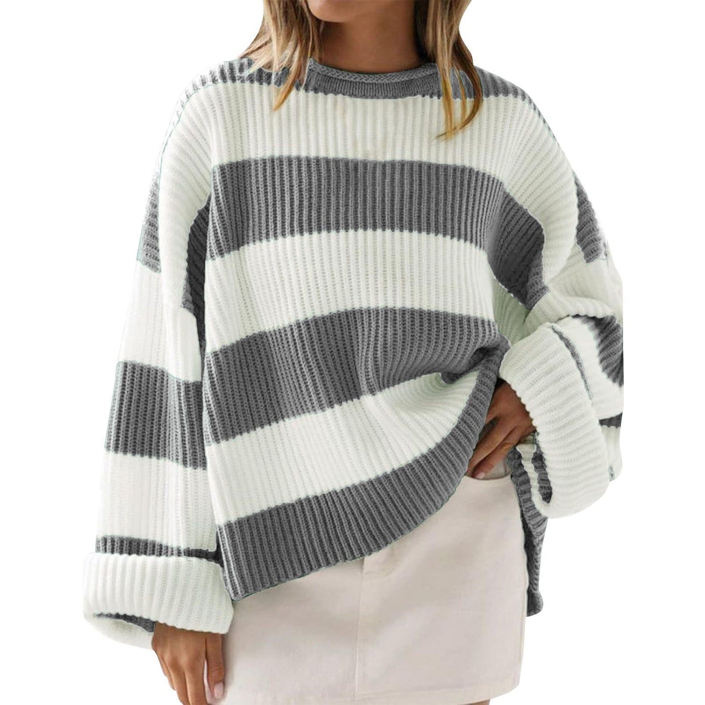 Women's Striped Pullover Sweater - Batwing Sleeve Knit Top