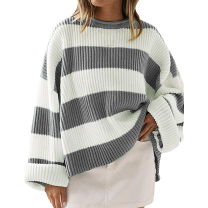 Women's Striped Pullover Sweater - Batwing Sleeve Knit Top