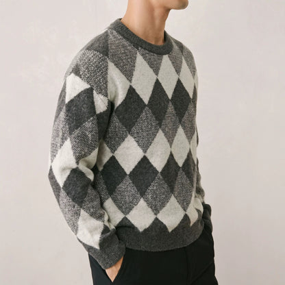 Diamond grid long sleeved sweater for men