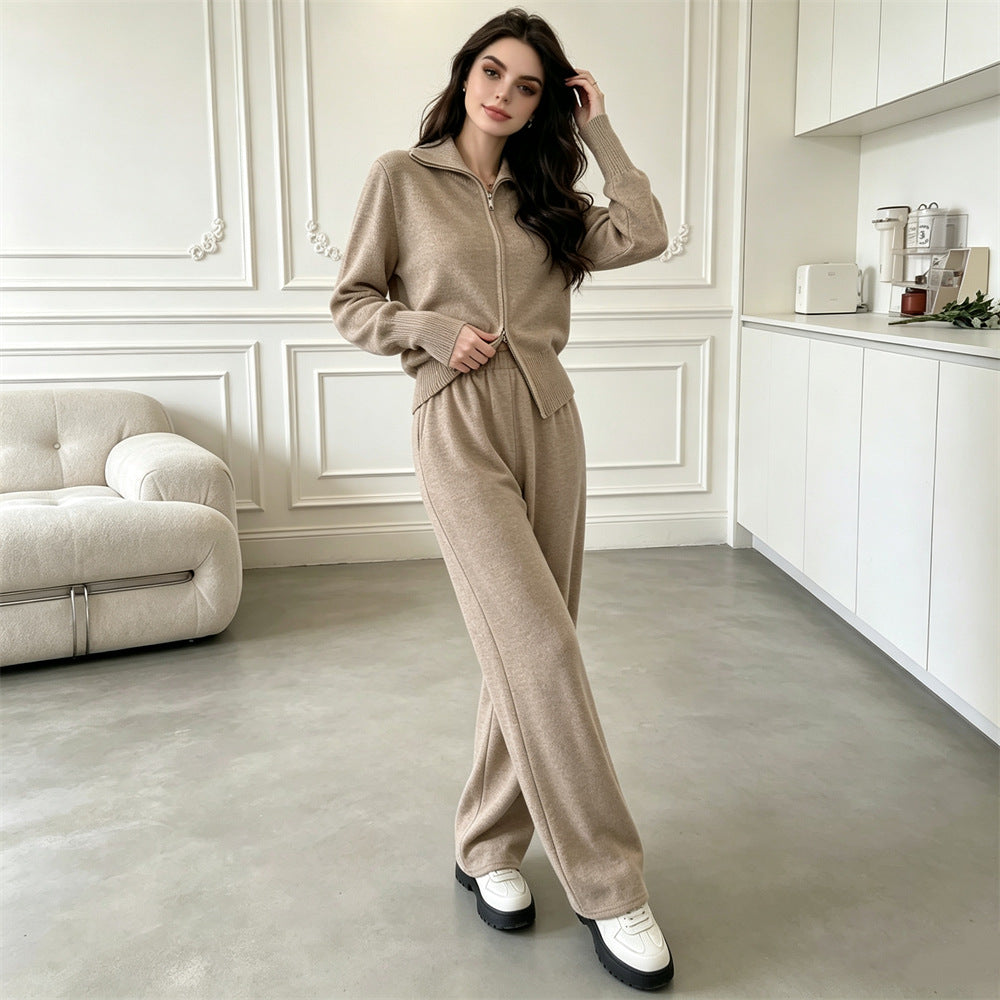 knitted sweater cardigan wide leg pants two-piece set