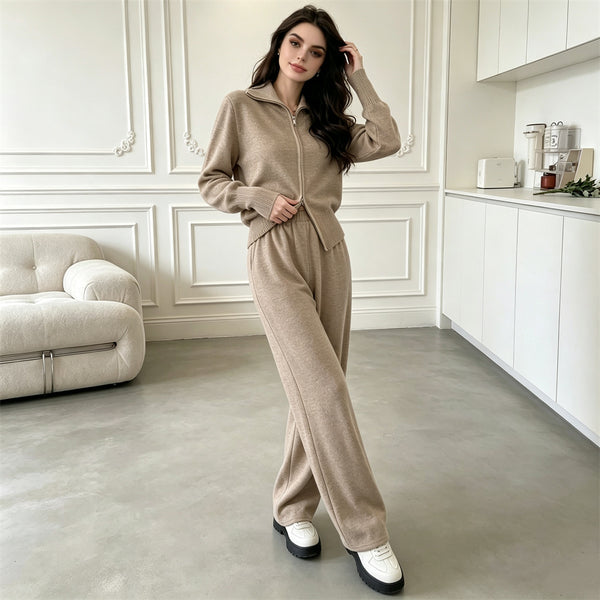 knitted sweater cardigan wide leg pants two-piece set