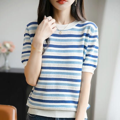 Fashionable Contrasting-Color Ice Silk Striped Knit Sweater