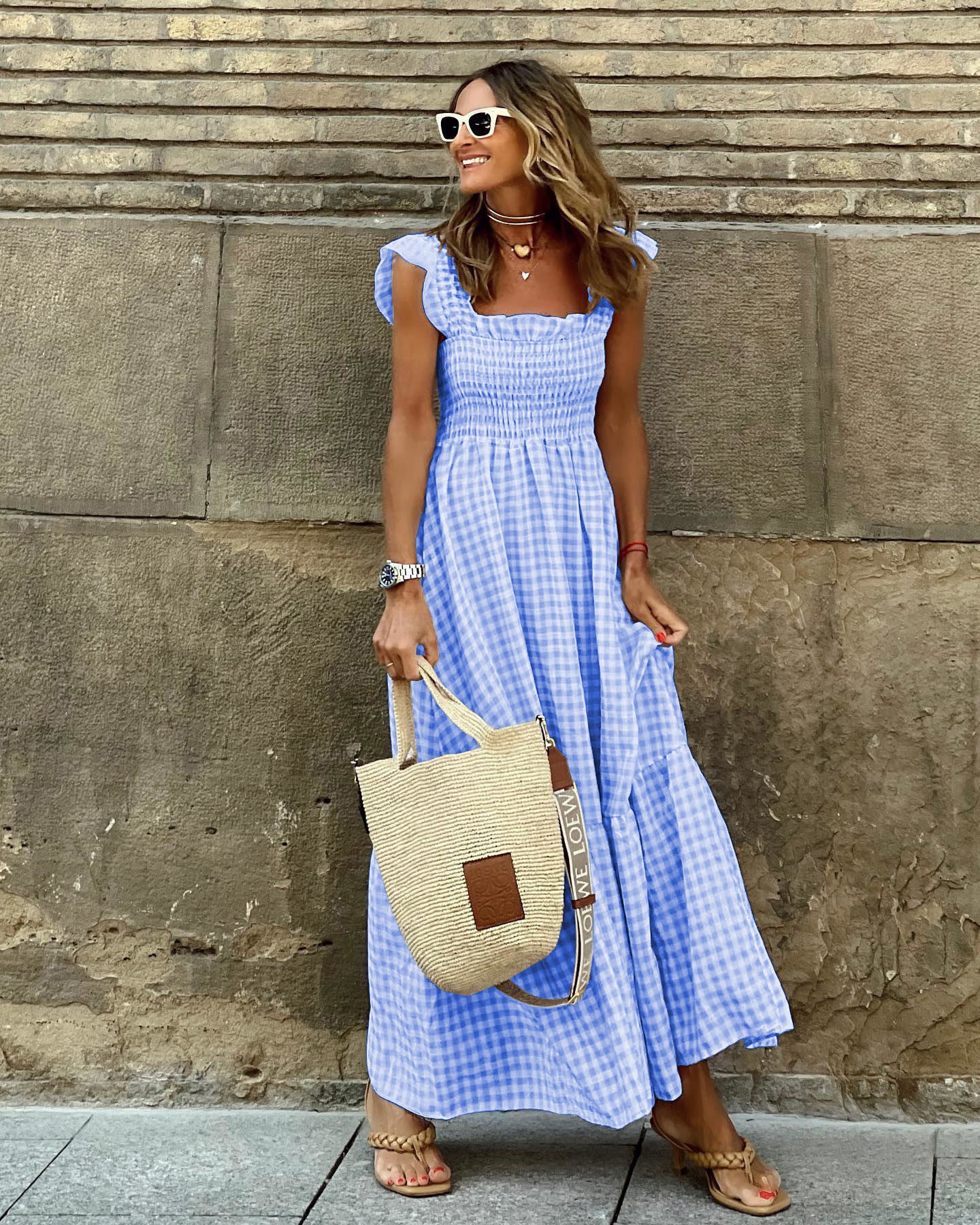 Womens Plaid Print Pleated Ruffle Dress