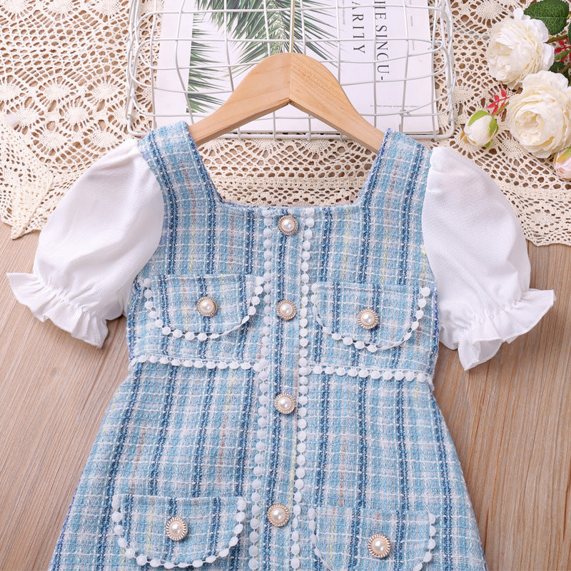 Plaid Pearl Buckle Classic Style Bubble Dress