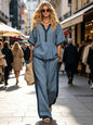 Casual Loose Solid Color Top with V-Neck and Three-Quarter Sleeves  Elastic Waist Loose Wide-Leg Pants Solid Color Set for Women