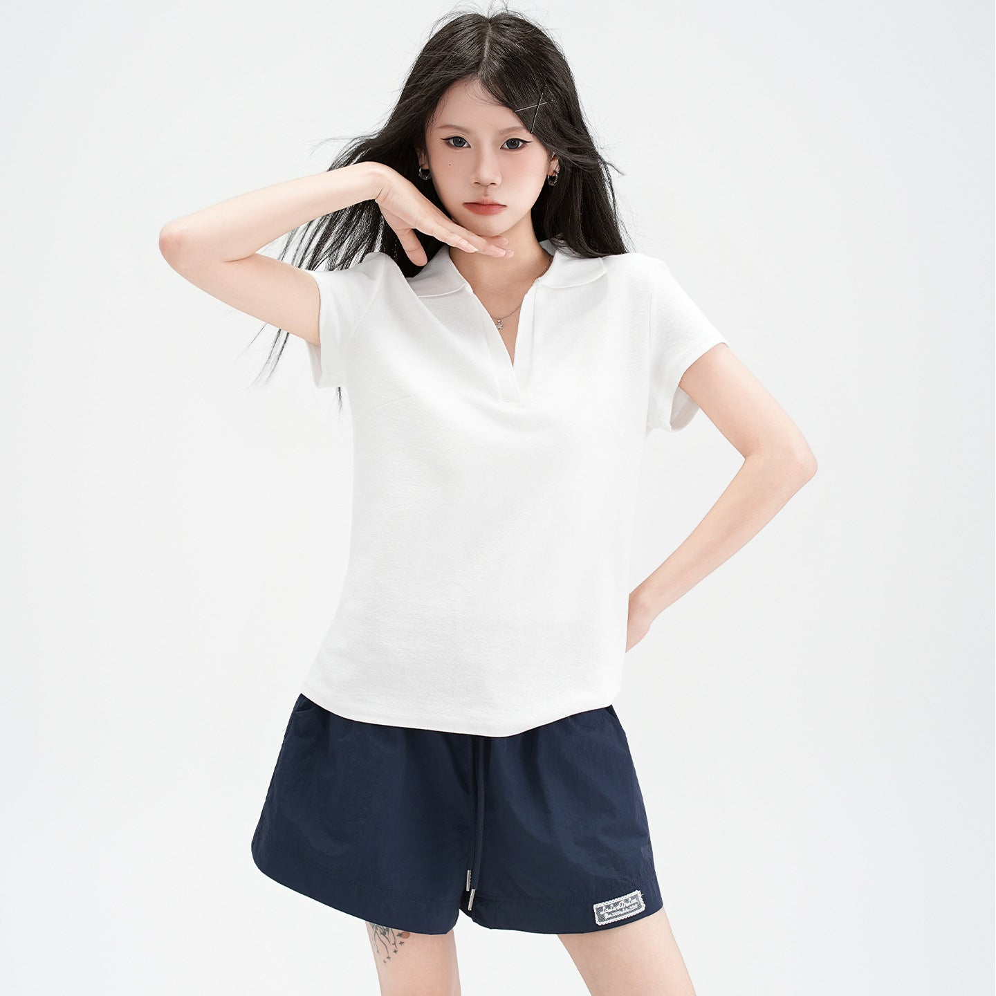 Polo Collar Straight Shoulder Short Sleeve T-Shirt for Women
