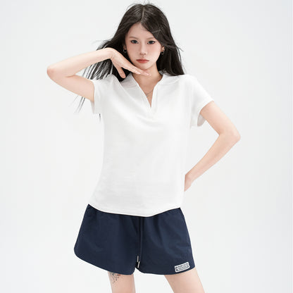Polo Collar Straight Shoulder Short Sleeve T-Shirt for Women