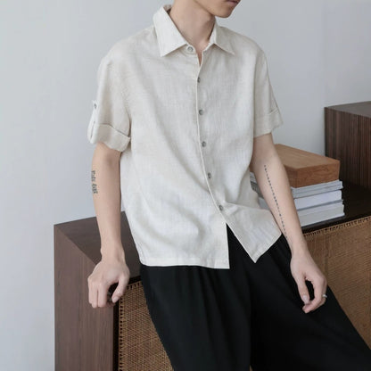 Linen Tencel Lyocell Classic Fit Cuffed Button-Up Casual Short Sleeve Shirt