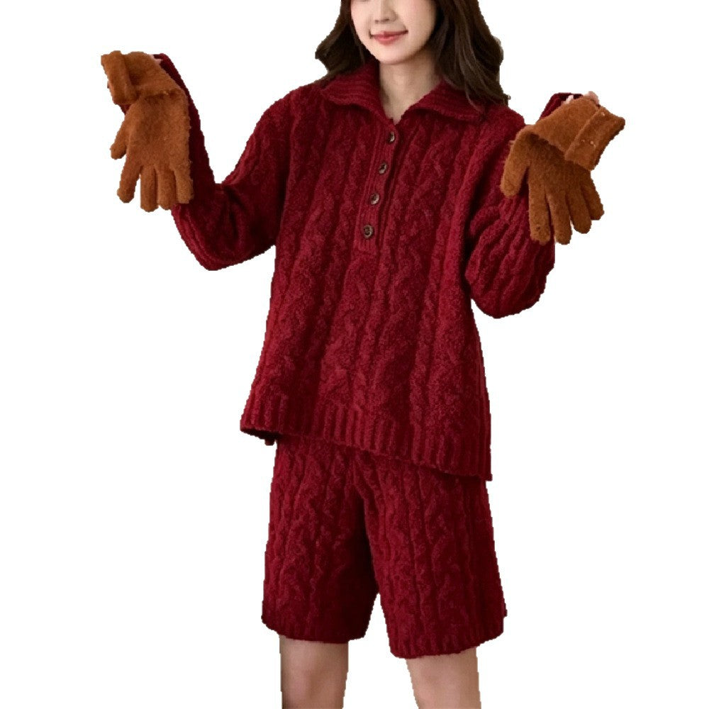 Collar pullover sweater high waisted shorts set for women