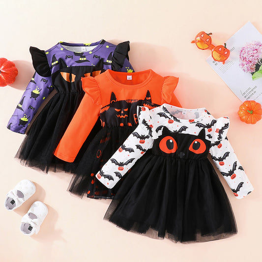 Halloween Girls' Bat Print Dress Long Sleeve Tulle Princess Dress Party Performance Outfit