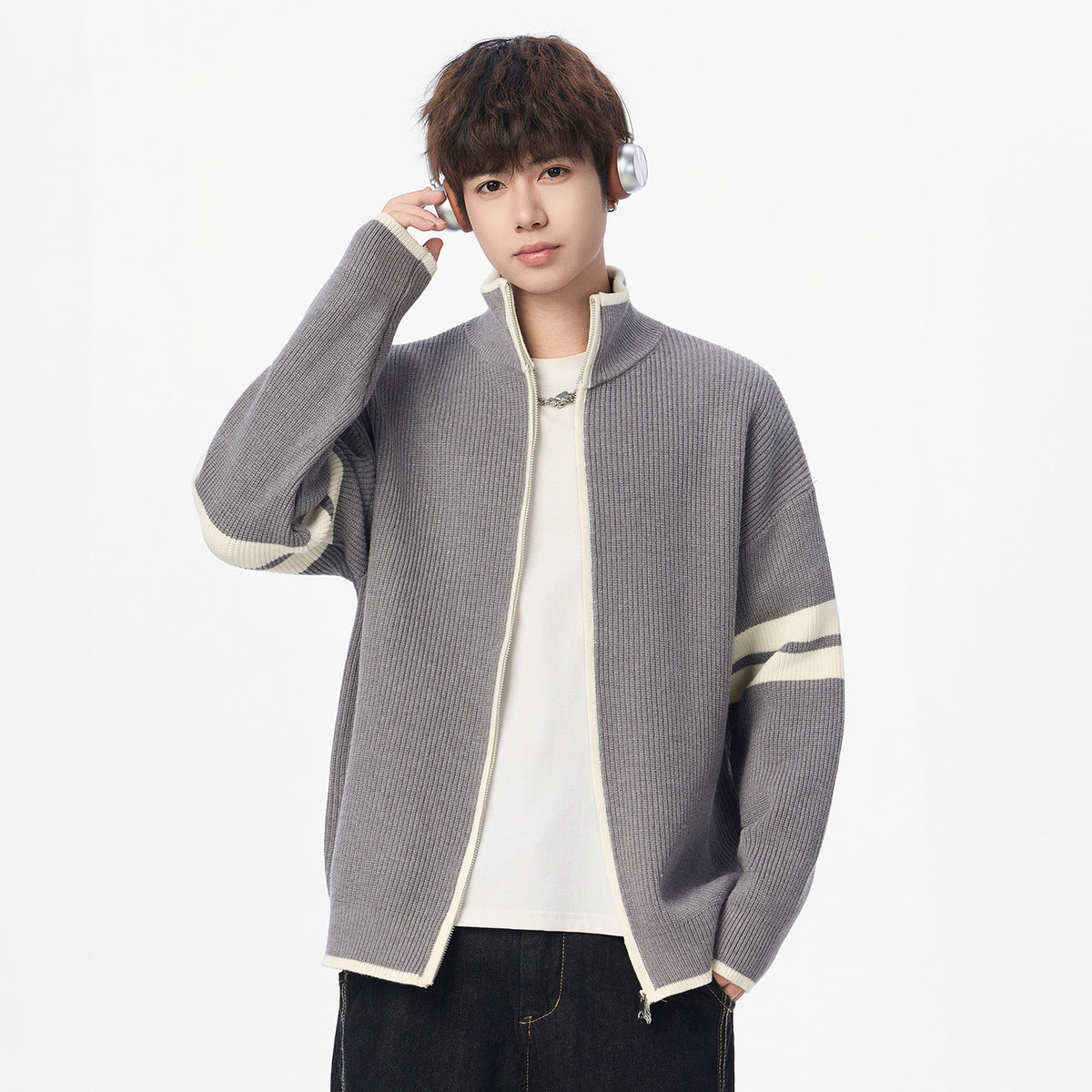 Minimalist Double Stripe Relaxed Fit Zipper Knit Cardigan
