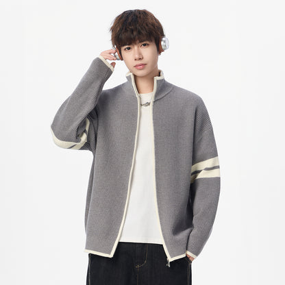 Minimalist Double Stripe Relaxed Fit Zipper Knit Cardigan