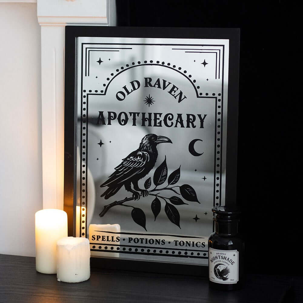 Gothic Gifts Old Raven Apothecary Mirrored Wall Art