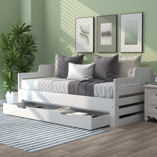 White Single Daybed with Trundle & Drawer