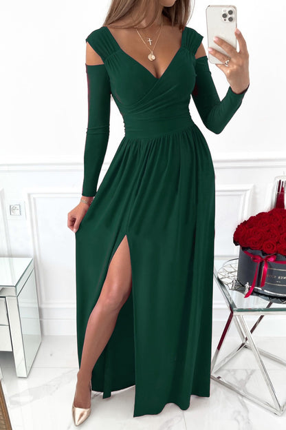 Robe longue fendue à manches longues et décolleté cache-cœur