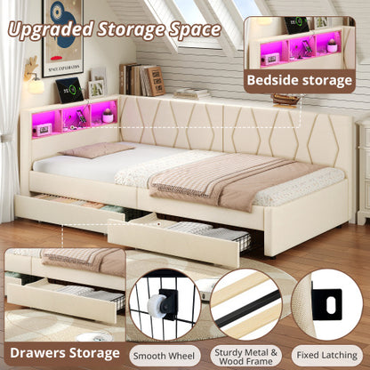 3ft Single Daybed With Two Storage Drawers, LED Modern Bed Frame With Charging Station, Linen Sofa Bed For Living Room Bedroom Study Room, 90X190cm, Easy Assembly, Beige