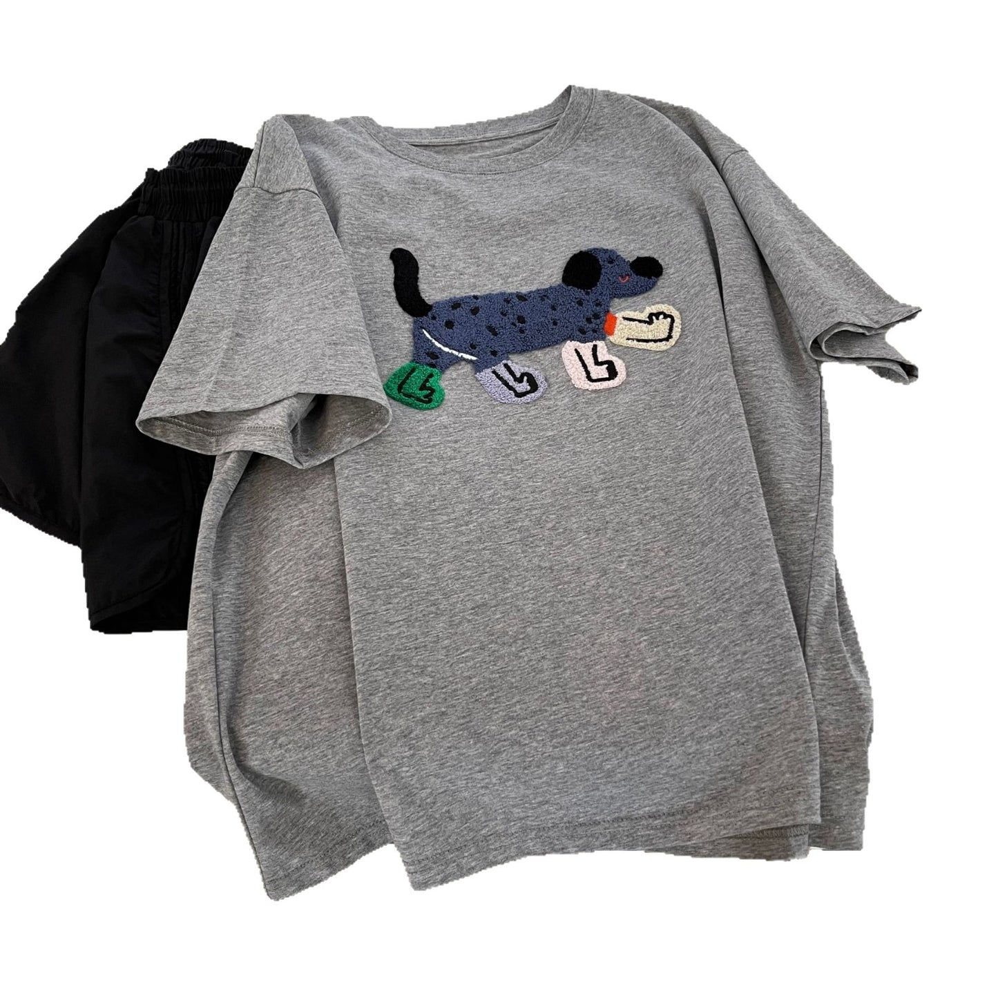 Heavy-duty 3D Embroidered Puppy Crewneck Short-sleeve Womens Top