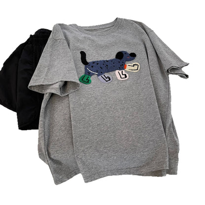 Heavy-duty 3D Embroidered Puppy Crewneck Short-sleeve Womens Top