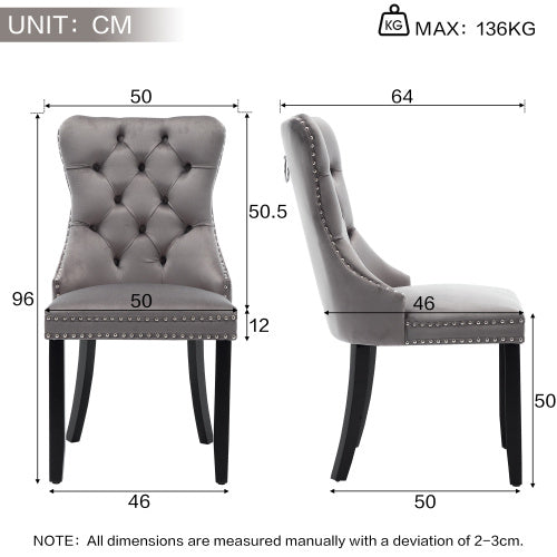 Modern Set Of 6 Upholstered Velvet Dining Chairs, Button Tufted Kitchen Lounge Chairs With Brushed Wood Legs, Riveted Trim And Knocker Ring, For Dining Room Living Room