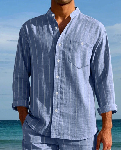 Men's Linen Fashion Shirt Striped Stand-up Collar Loose-fitting Breathable Casual