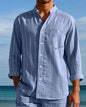 Men's Linen Fashion Shirt Striped Stand-up Collar Loose-fitting Breathable Casual