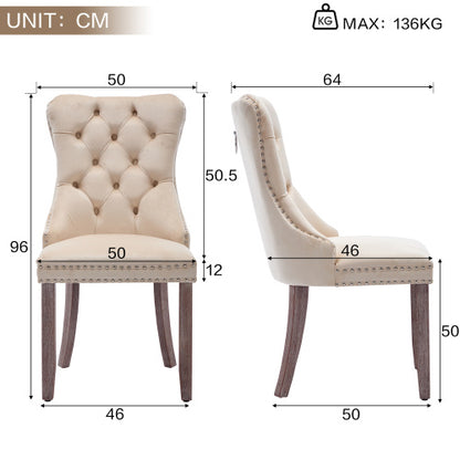 Modern Set Of 2 Upholstered Velvet Dining Chairs, Button Tufted Kitchen Lounge Chairs With Brushed Wood Legs, Riveted Trim And Knocker Ring, For Dining Room Living Room