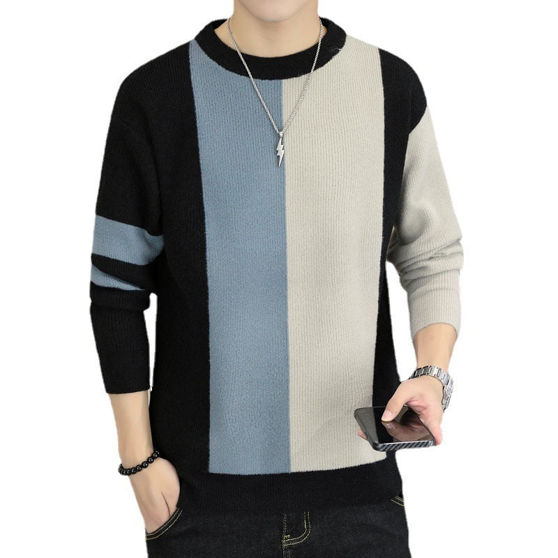 Mens Color-block Crew Neck Warm Sweater