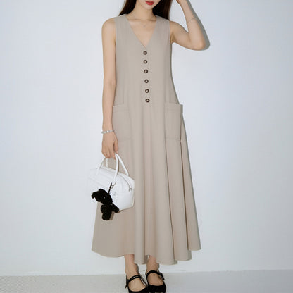 Women's V-Neck Button-Up Pencil Dress | Sleeveless High Waist | Anti-Wrinkle | 4 Colours | S–3XL