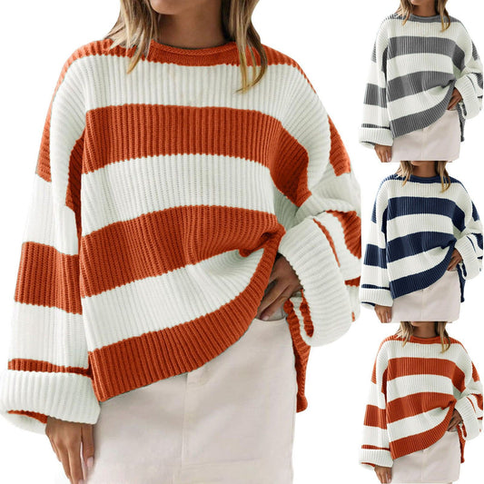 Women's Striped Pullover Sweater - Batwing Sleeve Knit Top