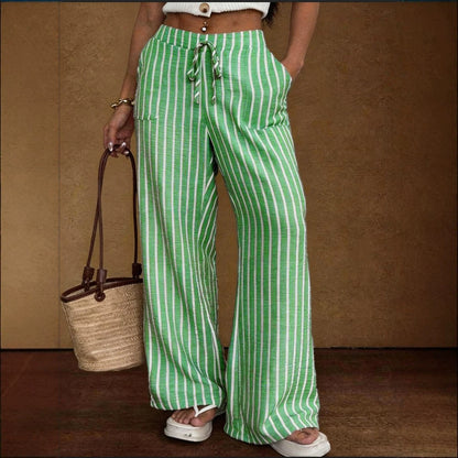 Striped Loose Commuter Casual Lace-up Elastic-waist Wide-leg Trousers