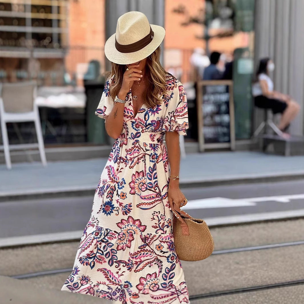 Printing Ruffled Short Sleeves Dress