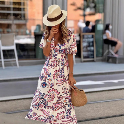 Printing Ruffled Short Sleeves Dress