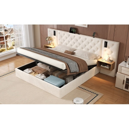 King Upholstered Bed With Charging Station, Velvet Hydraulic Storage Bed With Reading Light, 5ft King Bed Frame With Handmade Button Tufted Wide Headboard And Bedside Storage, Beige