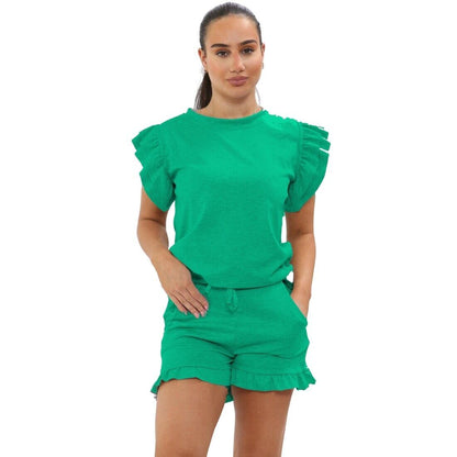 Ensemble Haut à Manches Volants Peplum & Short pour Femme – Tenue de Survêtement Décontractée 2 Pièces