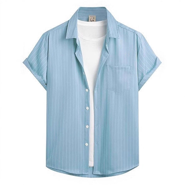 Striped And Solid-color Short-sleeve Shirt-cardigan