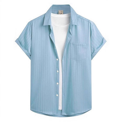 Striped And Solid-color Short-sleeve Shirt-cardigan