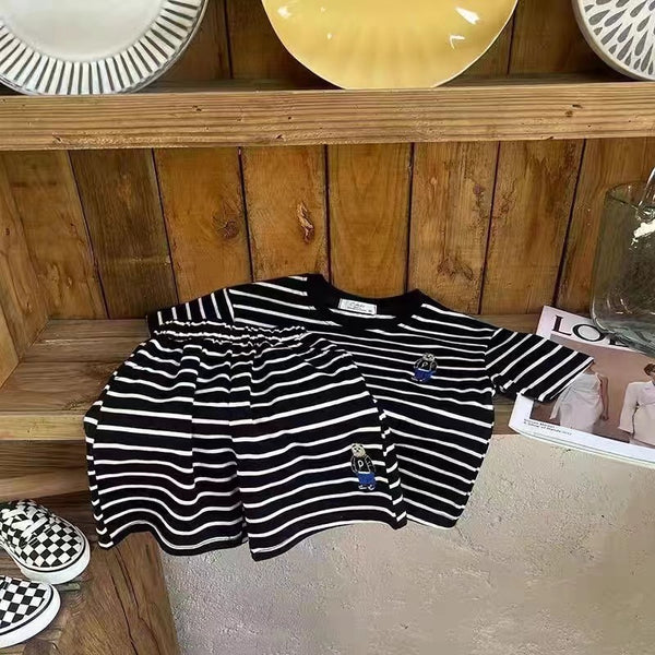 Kids Little Bear Striped Round Neck Short Sleeve Shorts