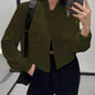 Veste de mode à col montant avec grandes poches décontractée ample courte vêtement d'extérieur haut manteau pour femmes